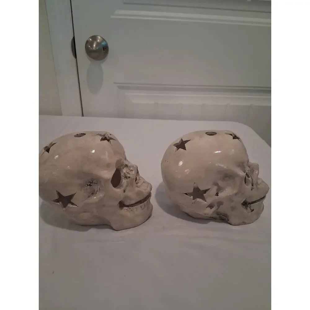 Gothic Ceramic Skull Statue Pair Halloween Light Up LED Star Cutout Decor Set